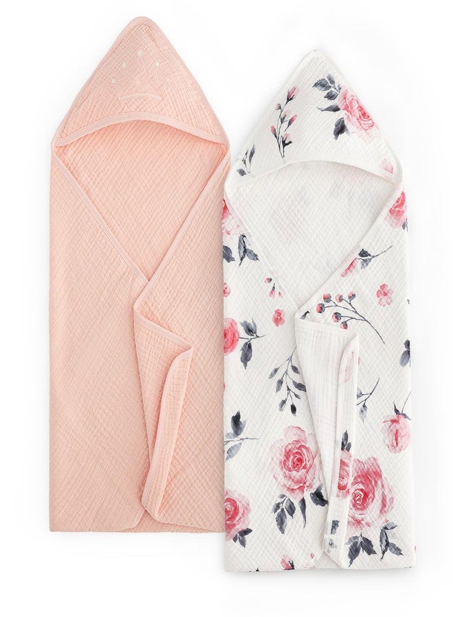 david's kids 2 Pack Baby Hooded Towels, Large 32"x32", 6 Layer 100% Muslin Cotton Absorbent Girl Bath Towel for Newborn, Infant and Toddler. Soft and Breathable Baby Essentials, Pink Floral&Rose - Image 1